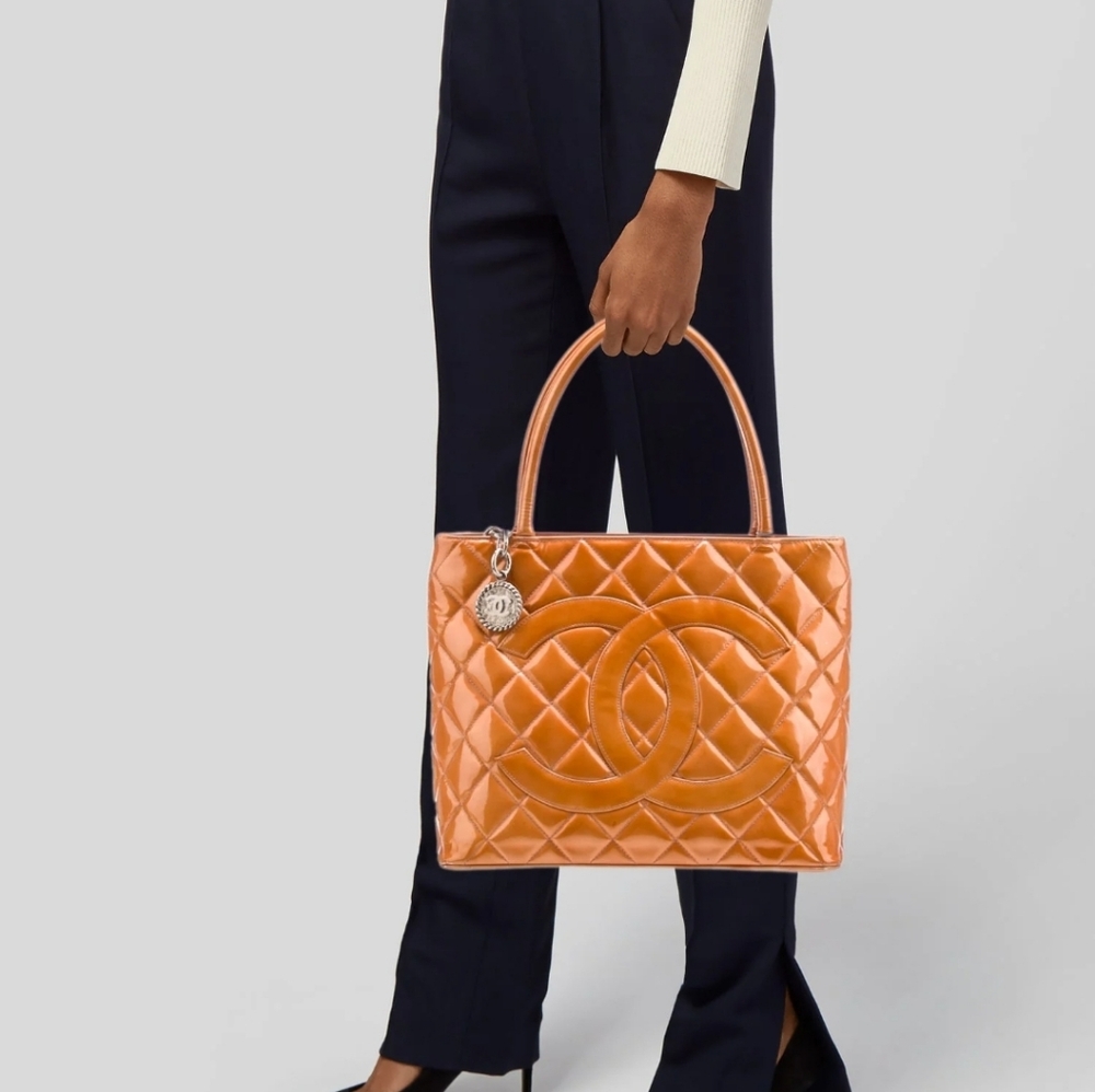 90s Chanel Medallion Tote Patent Leather Mustard Yellow with Lilac Interior